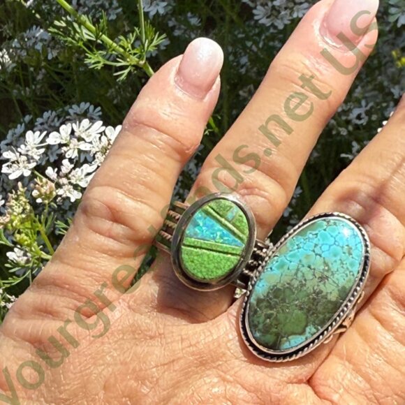 Southwestern Sterling Silver Opal & Green Turquoise Ring Size 9 - Picture 4 of 5